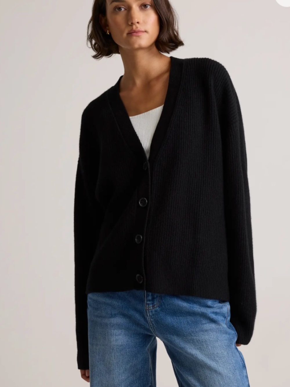 Quince Mongolian Cashmere Fisherman Boxy Cropped Cardigan Black M